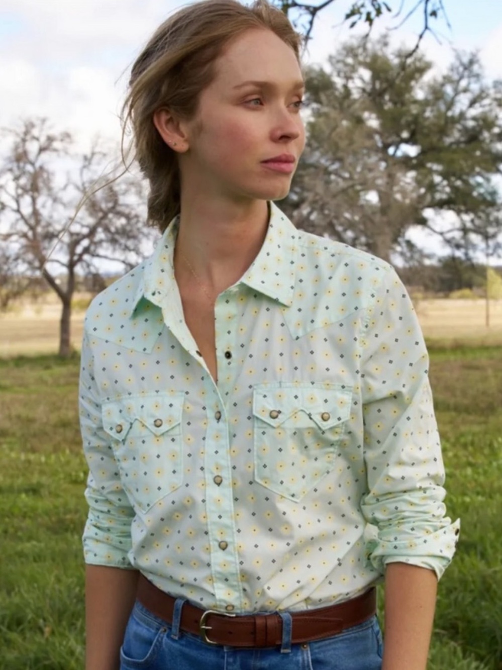 Tecovas‎ Vintage Weight Sawtooth Cotton Pearl Snap Green Ditsy Shirt S NEW